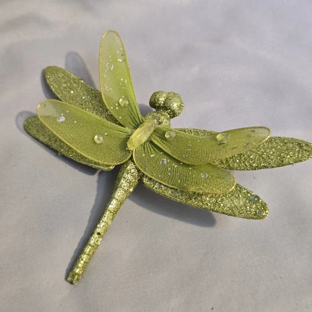 Large Green Glitter Dragonfly Clip On Christmas Ornament Jeweled 6